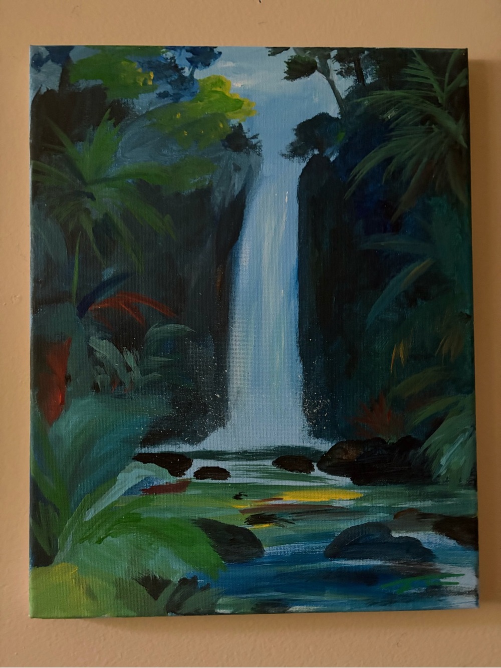 Handpainted Mountain Waterfall Painting 11x14” Vivid Colors